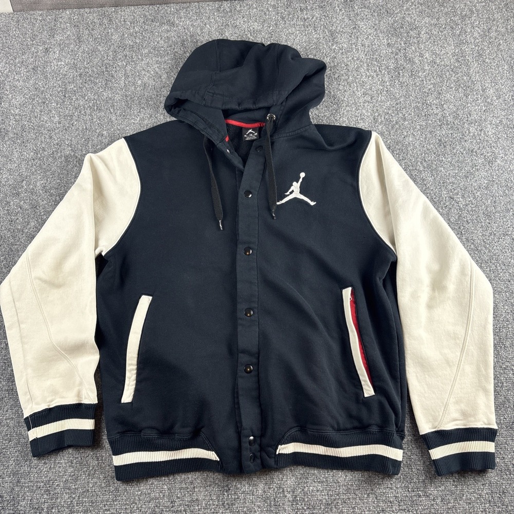 Nike Air Jordan Mens XL Varsity Hoodie Jacket Snap Front Black Cream Jumpman